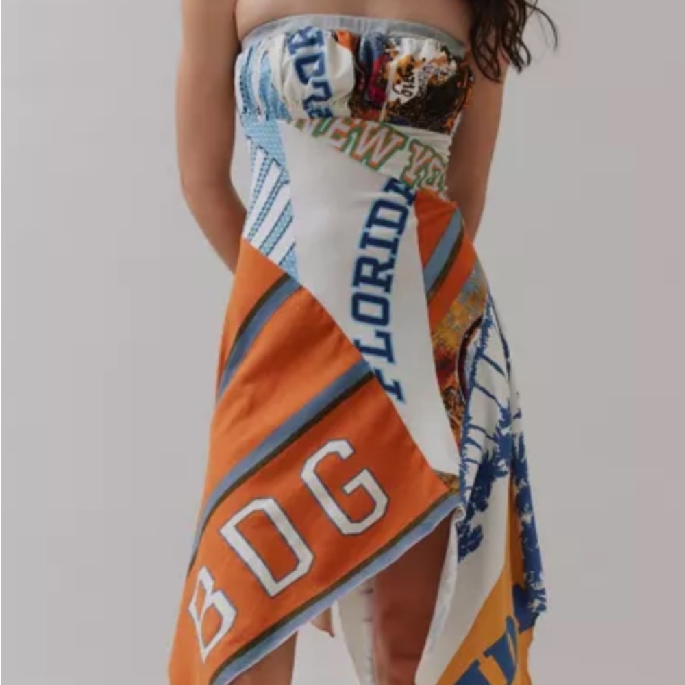 BOG Strapless Patchwork Orange, White & Blue  Asymmetrical Dress
